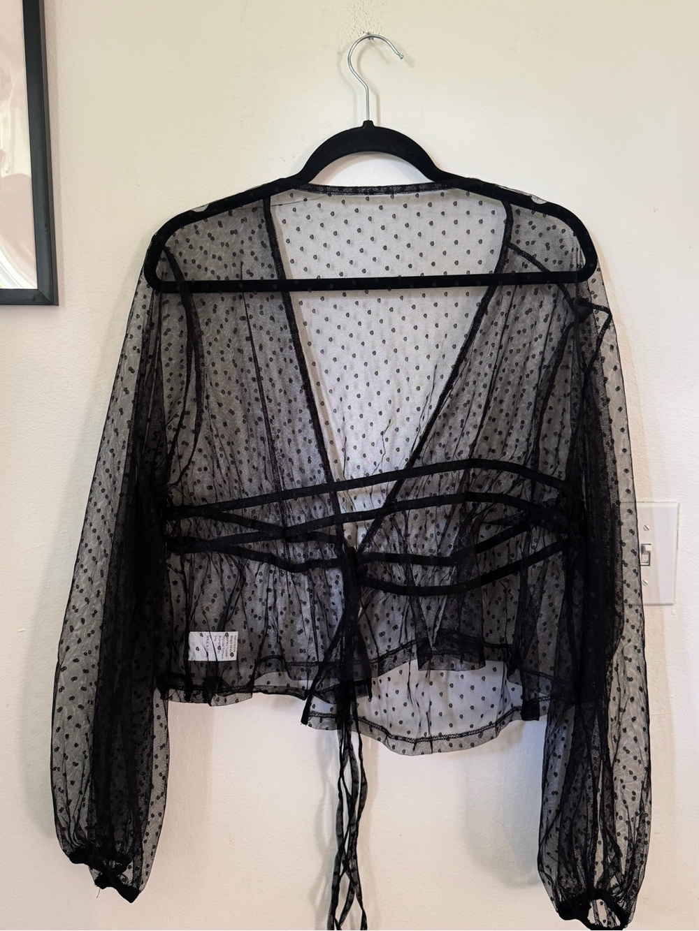 Sheer Black Polka Dot Tie-Front Mesh Top